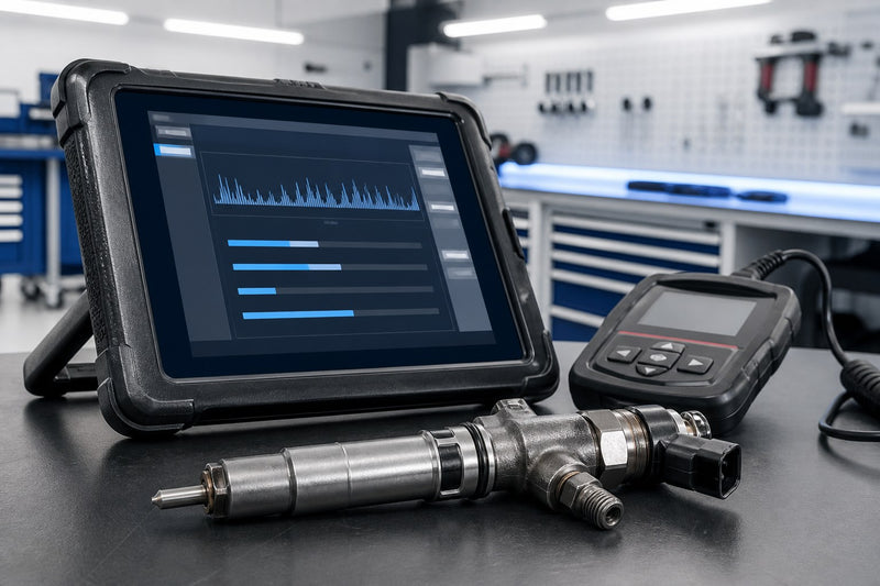 Injecteur diesel placé devant une tablette de diagnostic automobile pour le codage