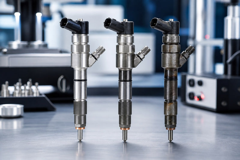 Comparaison de trois injecteurs diesel neuf, reconditionné et usagé sur un banc propre