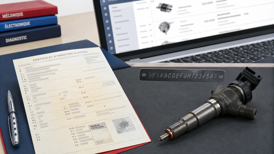 Carte grise française, plaque VIN et injecteur diesel à identifier dans un catalogue