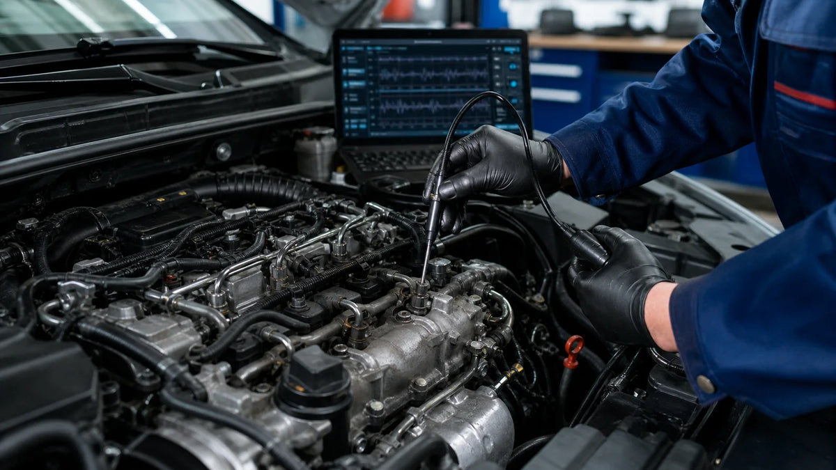 Technicien analysant le claquement d’un injecteur diesel avec un capteur acoustique
