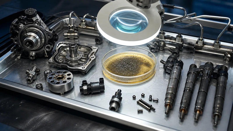 Particules métalliques dans un filtre diesel près d’une pompe et d’un injecteur