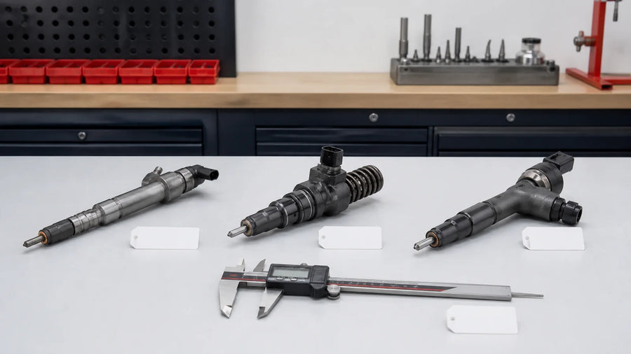Trois injecteurs diesel comparés avec étiquettes de références OEM vierges et pied à coulisse