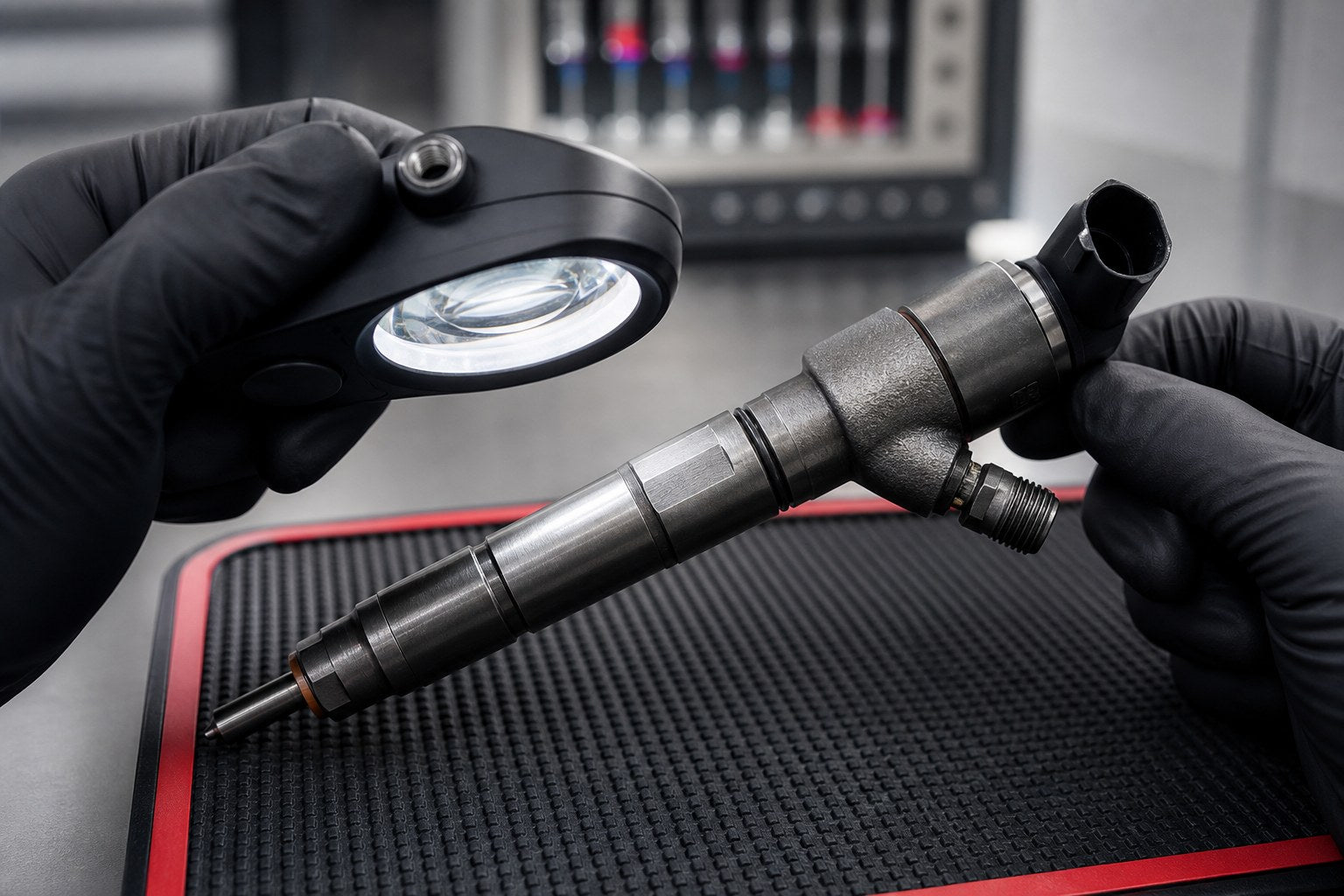 Technicien contrôlant la zone de référence gravée sur un injecteur diesel
