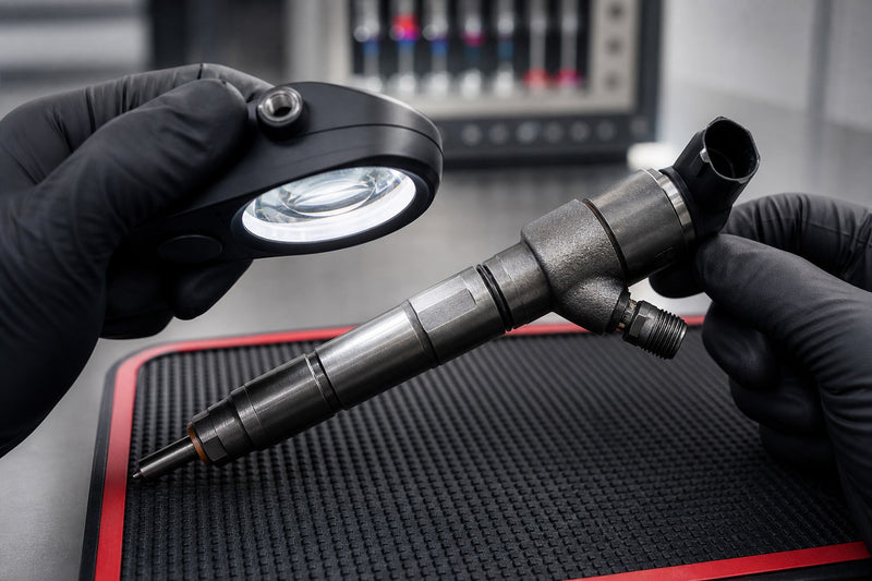 Technicien contrôlant la zone de référence gravée sur un injecteur diesel